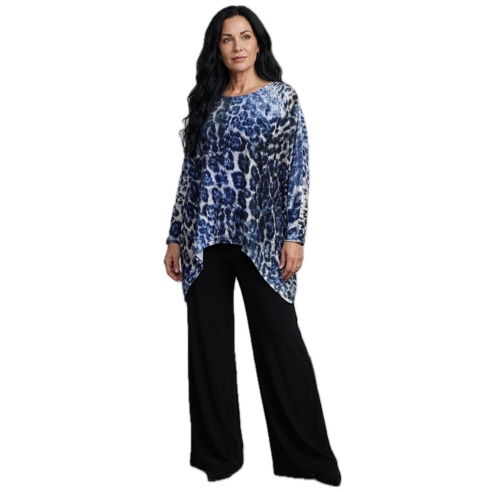 Inoah Blue Leopard Print Crushed Velvet Shirt SM Oversized Batwing Sharkbite Top